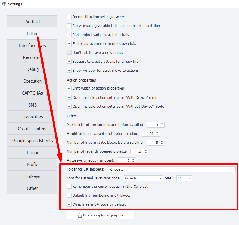 Default settings